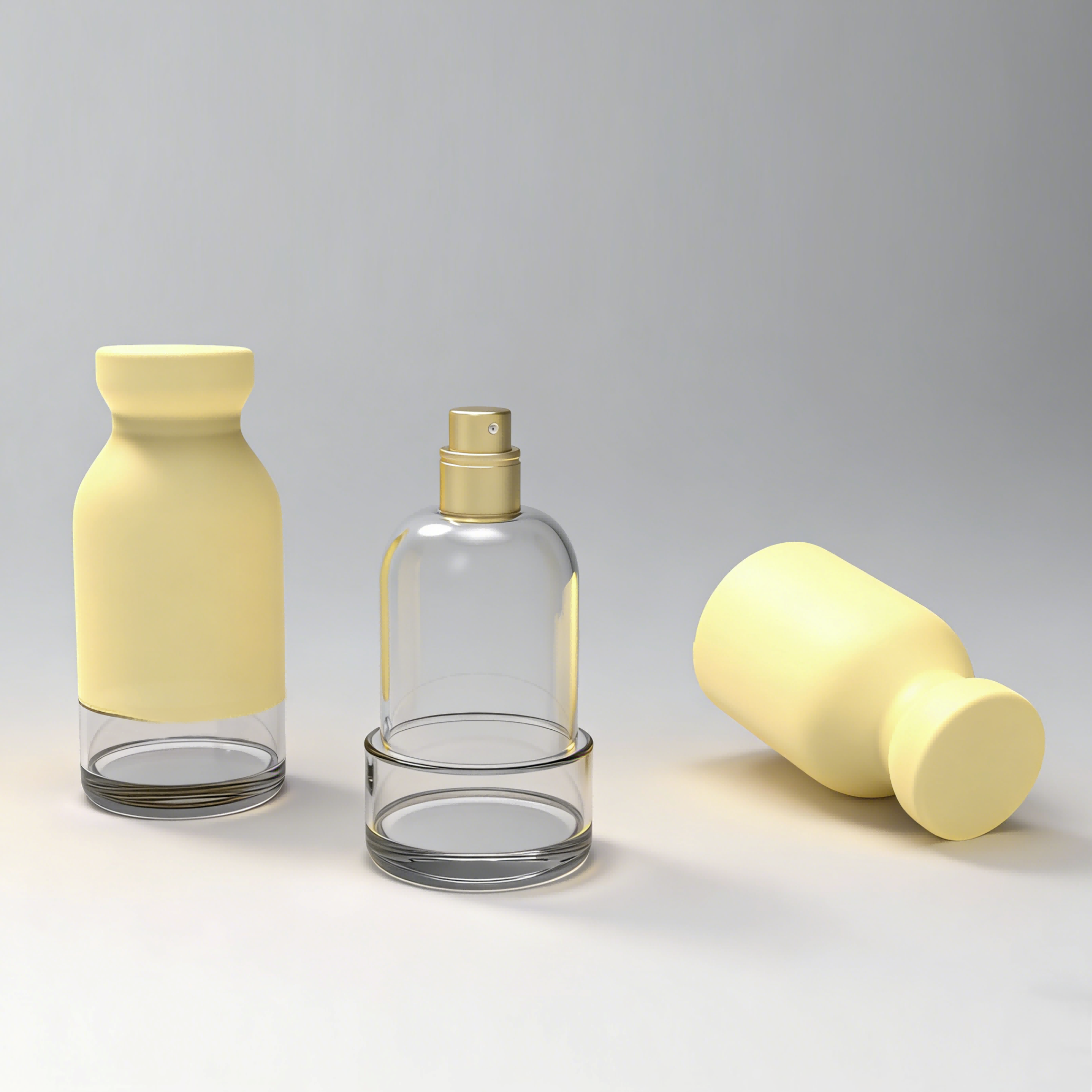 Disassembled display of split bottom clear spray bottle, interchangeable hourglass outer sleeve and metal mist pump portable skincare sprayer